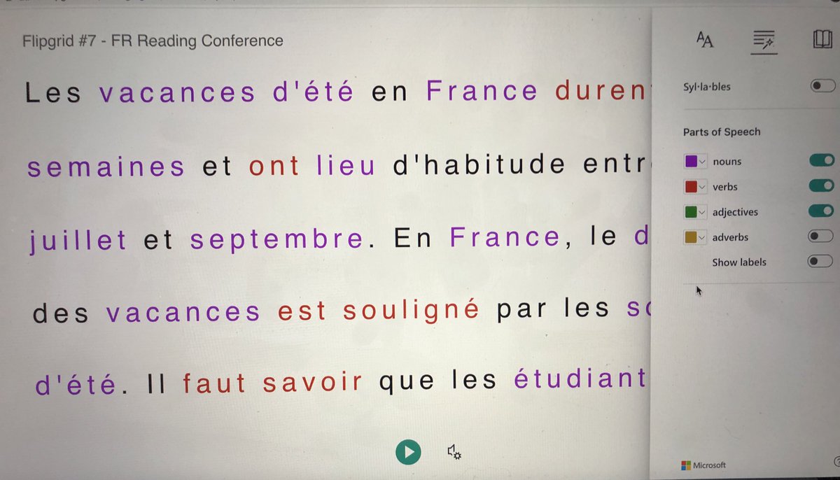 MonsieurPowell's tweet photo. Hey #FSL #FrenchImmersion #L2 #2ndLanguage #teachers: checkout @Flipgrid’s amazing #reading feature as a #universal #support: identifies parts of speech, includes a #Pictionary, and a very accurate text-to-speech reading feature @louisearbourfi @FSLTVDSB @transformingfsl @OMLTA https://t.co/GRqv9i7iOJ