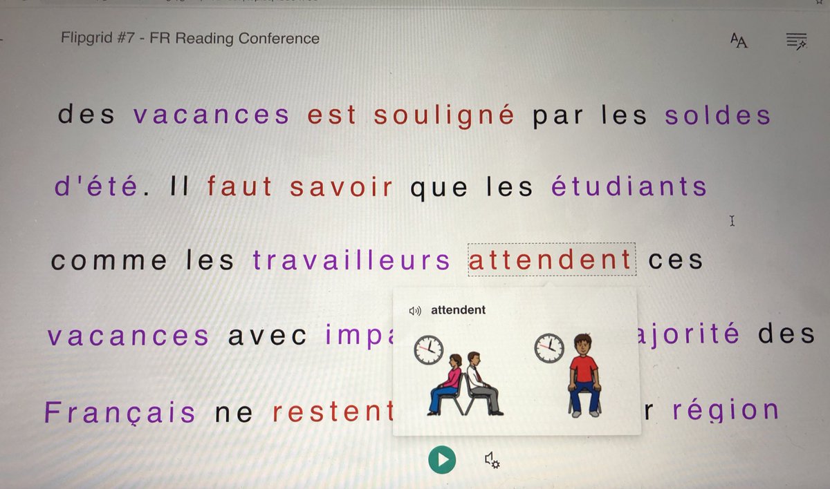 MonsieurPowell's tweet photo. Hey #FSL #FrenchImmersion #L2 #2ndLanguage #teachers: checkout @Flipgrid’s amazing #reading feature as a #universal #support: identifies parts of speech, includes a #Pictionary, and a very accurate text-to-speech reading feature @louisearbourfi @FSLTVDSB @transformingfsl @OMLTA https://t.co/GRqv9i7iOJ