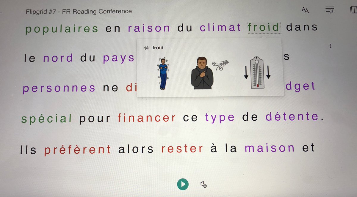 MonsieurPowell's tweet photo. Hey #FSL #FrenchImmersion #L2 #2ndLanguage #teachers: checkout @Flipgrid’s amazing #reading feature as a #universal #support: identifies parts of speech, includes a #Pictionary, and a very accurate text-to-speech reading feature @louisearbourfi @FSLTVDSB @transformingfsl @OMLTA https://t.co/GRqv9i7iOJ