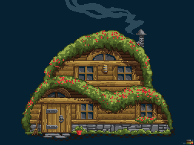 Arborore's tweet photo. Flowery hut. 24 colours. Must be quite damp inside with that lush green roof 😄#pixelart #pixels #grafx2 https://t.co/yVeYoIlPKe