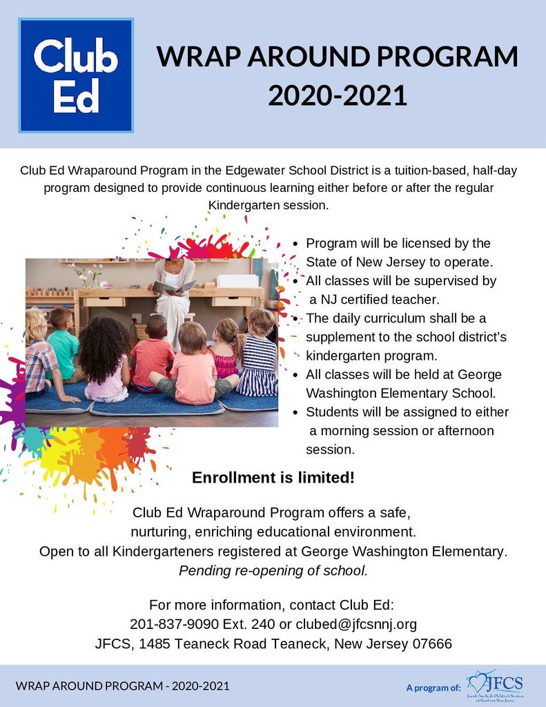 For incoming kindergarten parents: Club Ed is pleased to offer a Kindergarten Wraparound program at GW School in the fall.