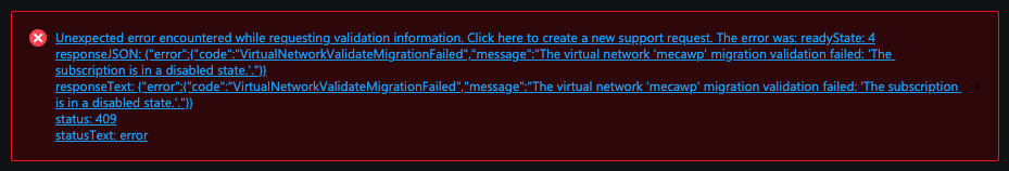 riceboyler's tweet photo. @AzureSupport Still failing, as is anything related to it. It's a Classic VM, so I even tried the ARM Migration check and it fails with the same message. https://t.co/BsxGQN53hP