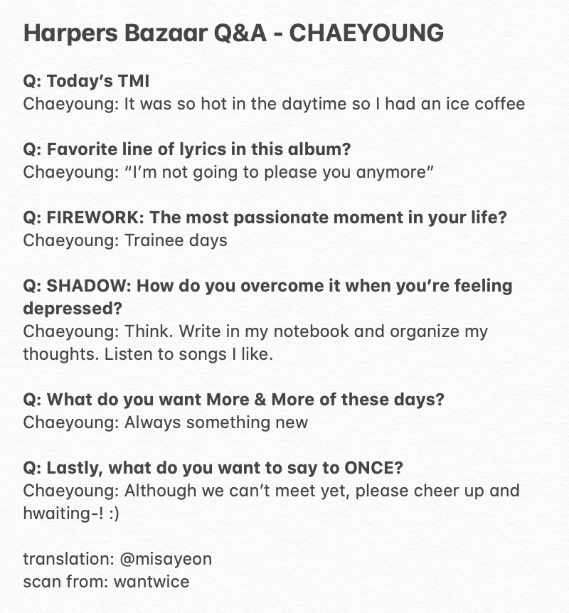 Misa ᴗ Harpers Bazaar Q Amp A Chaeyoung Full Q Amp A Translation Twice 트와이스 Jypetwice T Co Ve9djvs3dc Twitter