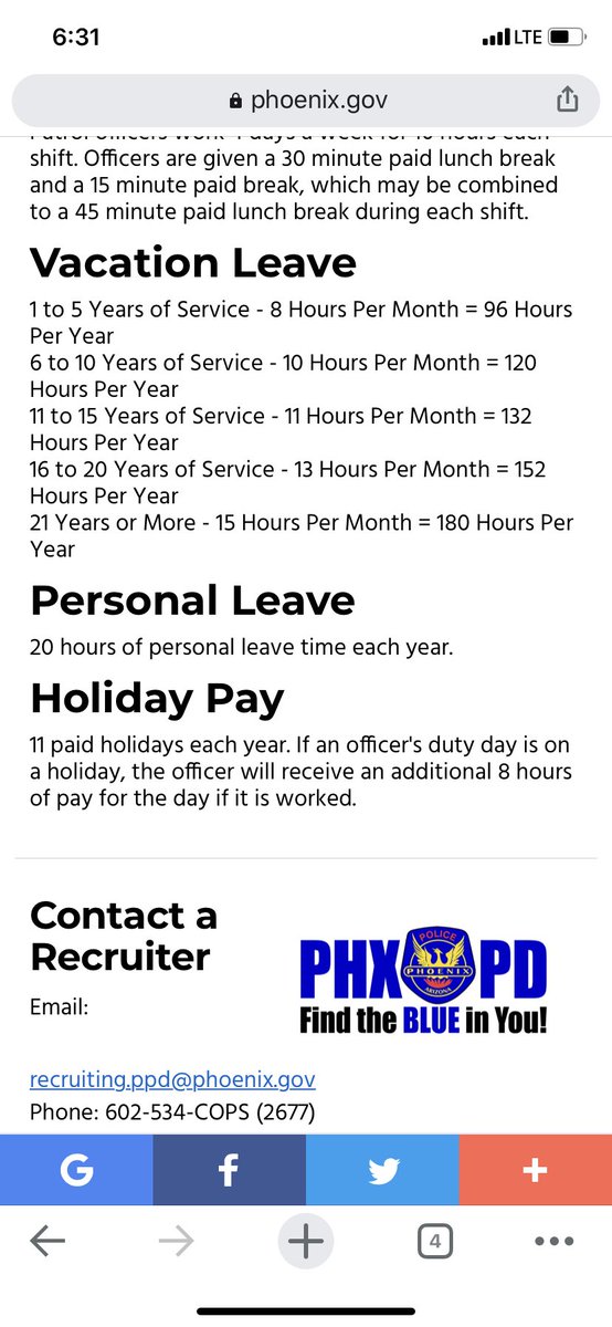 Teachers: get two weeks paid time off but also they have to work double-time to prepare for any day they take offPolice officers: START at four weeks paid time off, increases every five years  https://www.phoenix.gov/police/joinphxpd/salary-and-benefits-summary