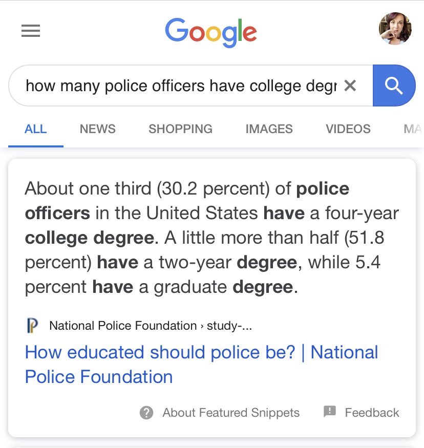 Teachers: more than half hold advanced degreesPolice officers: one out of twenty holds an advanced degree (most of those are likely chiefs/sheriffs)