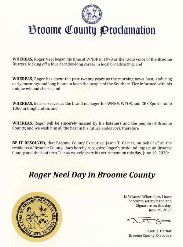 I am declaring today <a href="/rogerneel1/">rogerneel</a> day in Broome County in honor of his retirement. Roger has had a great impact in our community and will be missed. Thank you for your service to Broome County!