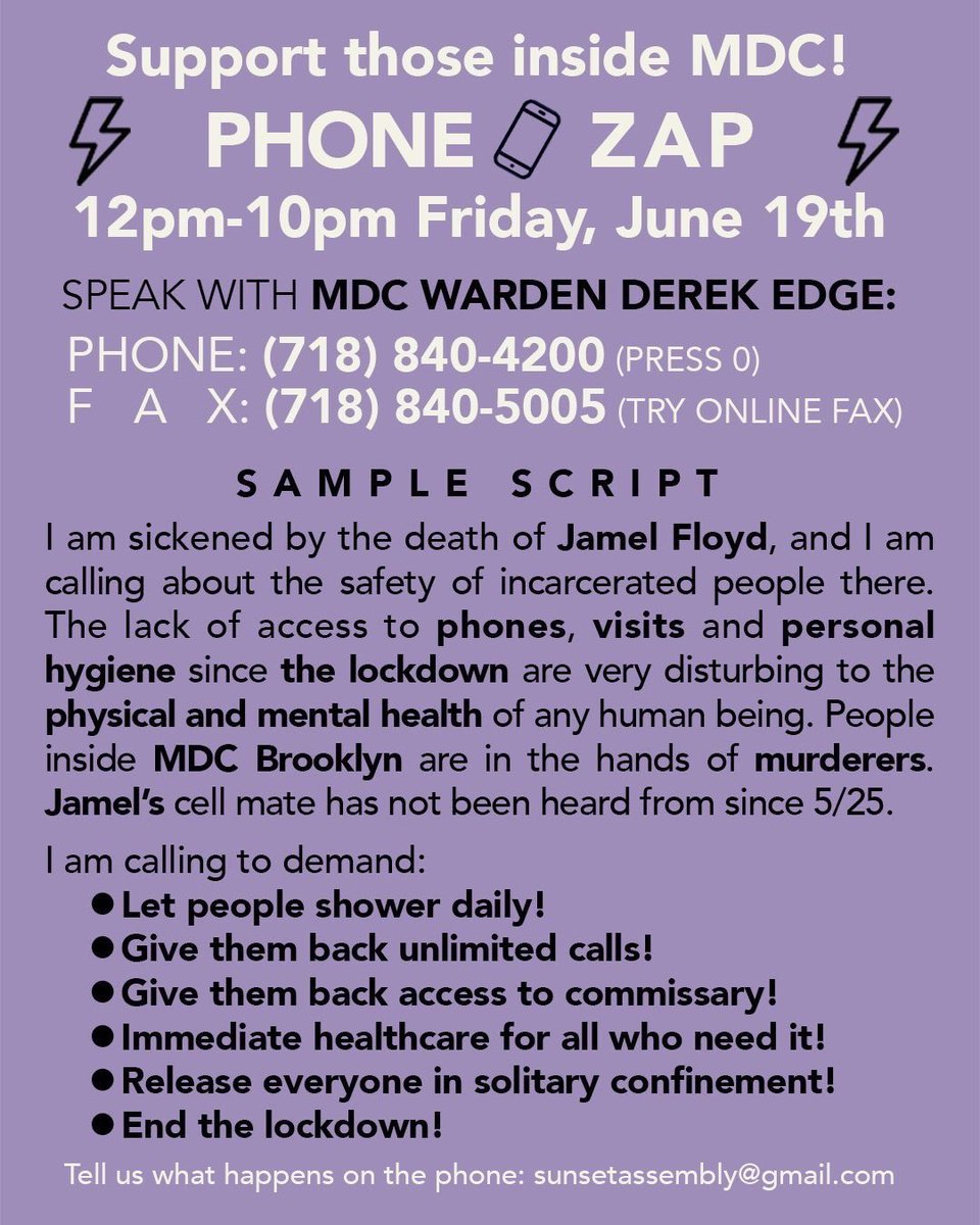 Via Sunset Park Popular Assembly — we refuse to ease up the pressure on MDC Brooklyn. Let these jailers know by phone or fax that the people are watching and won’t stand for escalations in brutality against our incarcerated loved ones.