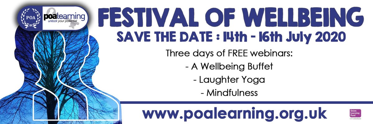 POA Learning launch a "Festival of Wellbeing" from 14th - 16th July 2020. A series of FREE webinars including Laughter Yoga, a Wellbeing Buffet and Mindfulness. To join us, book your place at: bit.ly/POAWellbeing1.
#Wellbeing #Learning #Support #LeaughterYoga #Mindfulness