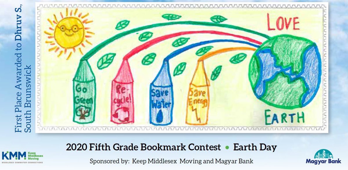 MiddlesexCmuter's tweet photo. Congratulations to South Brunswick student Dhruv S for the 1st place win in our 2020 Bookmark contest.   This year's contest asked students to draw a stamp commemorating Earth Day's 50th Anniversary.   Special thanks to Magyar Bank for sponsoring! 

#earthday50 #sustainability https://t.co/keVIxL5JfG