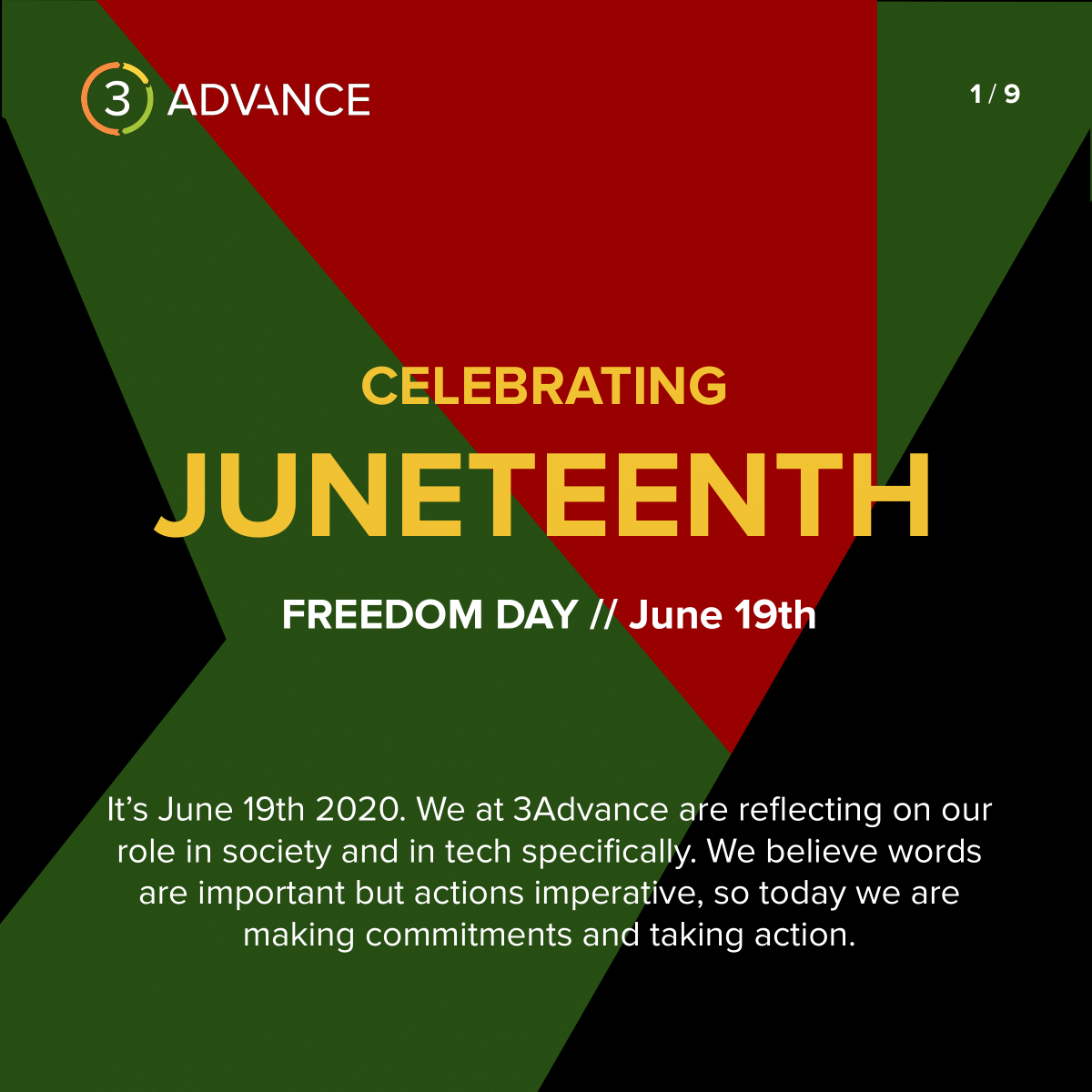3advance's tweet photo. Happy Juneteenth! We've been waiting until we had actions to support our words before making a statement. Today on Juneteenth, we're making the commitment to combat tech-inequity in ways we know how. If you're a #DCtech business owner, please consider joining us to support @In3DC https://t.co/nvlmRGJDcr