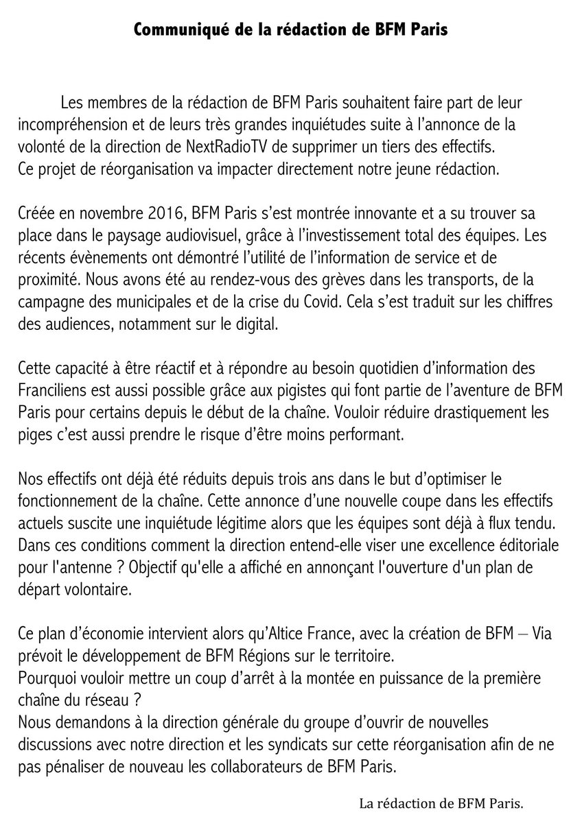 UesNext's tweet photo. Plan social à #NextradioTV : Communiqué de la rédaction de #BFMParis https://t.co/xsiqo3utj4