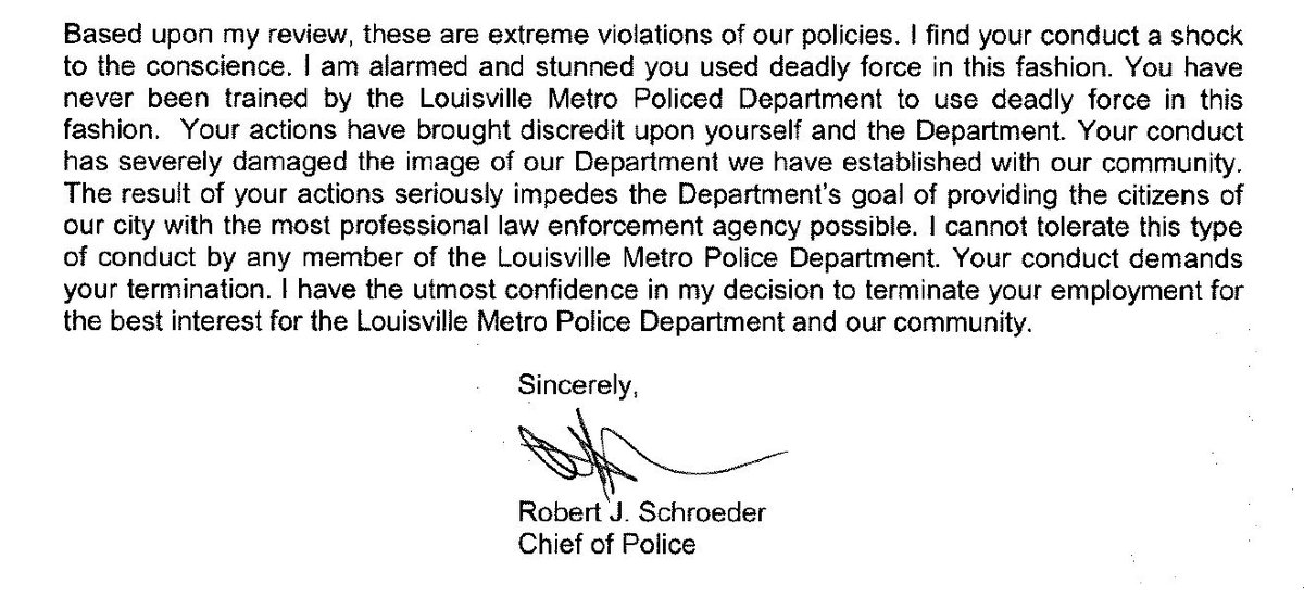 Hankison termination letter written by acting  @LMPD Chief Robert Schroerder: "I find your conduct a shock to the conscience. I am alarmed and stunned you used deadly force in this fashion."