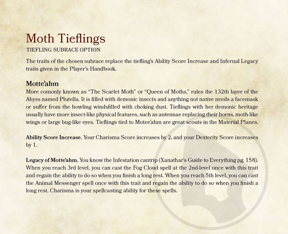 Scotty_H00d's tweet photo. I was digging through some old files and found this nice #dnd5e #homebrew. Thought I'd share with everyone! #tiefling #moth #mothling #lämp https://t.co/E4DiAQCZja