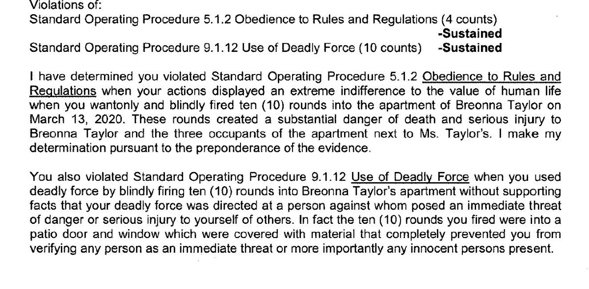 Hankison termination letter written by acting  @LMPD Chief Robert Schroerder: "I find your conduct a shock to the conscience. I am alarmed and stunned you used deadly force in this fashion."