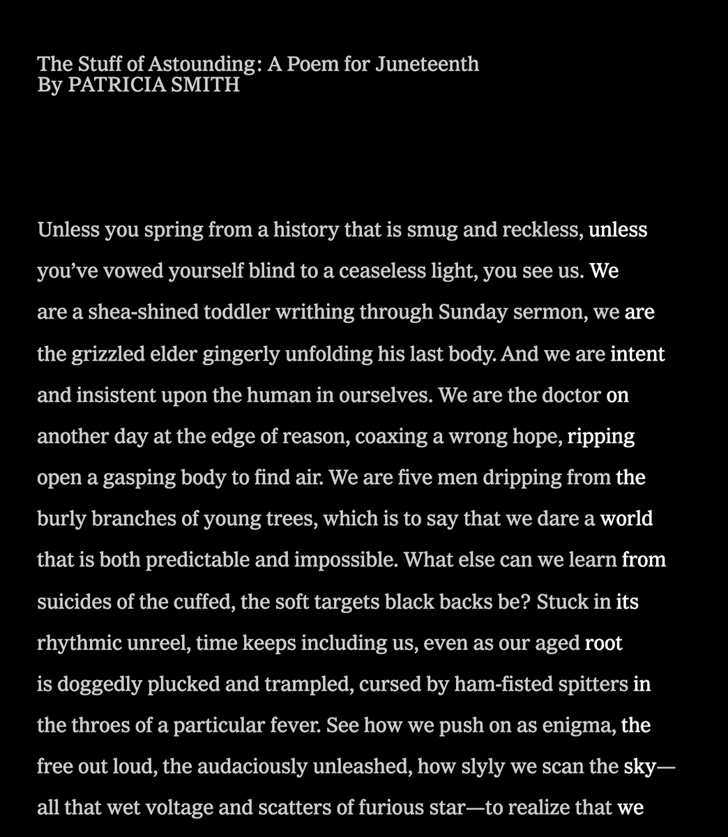 Mariah__Driver's tweet photo. If you read. 

Only one thing.

On this Juneteenth. 

Let it be this poem.

✨✨✨

The Stuff of Astounding: A Poem for Juneteenth
By: Patricia Smith (@nytimes) https://t.co/qHSLXgPKh3