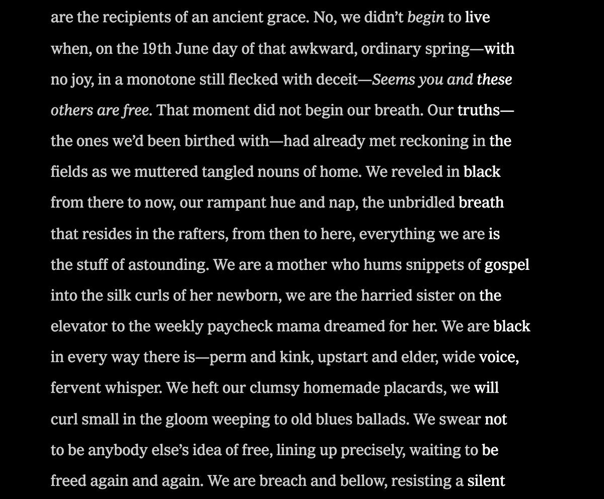 Mariah__Driver's tweet photo. If you read. 

Only one thing.

On this Juneteenth. 

Let it be this poem.

✨✨✨

The Stuff of Astounding: A Poem for Juneteenth
By: Patricia Smith (@nytimes) https://t.co/qHSLXgPKh3