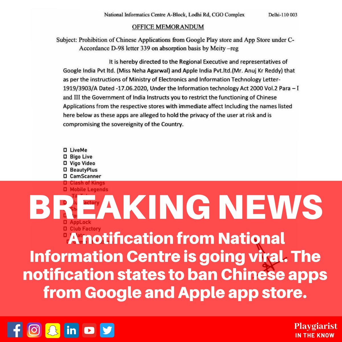 playgiarist's tweet photo. Indian Intelligence has just raised alarm over the use of 52 Chinese apps till now. 

#bantiktok #bantiktokindia #nationalinformationcentre #nic #tiktokban #tiktok #fakenews #fake #viraltiktok #fakenews  #boycotttiktok #banchineseproducts #banchineseproduct https://t.co/AWNNLpM4Hr