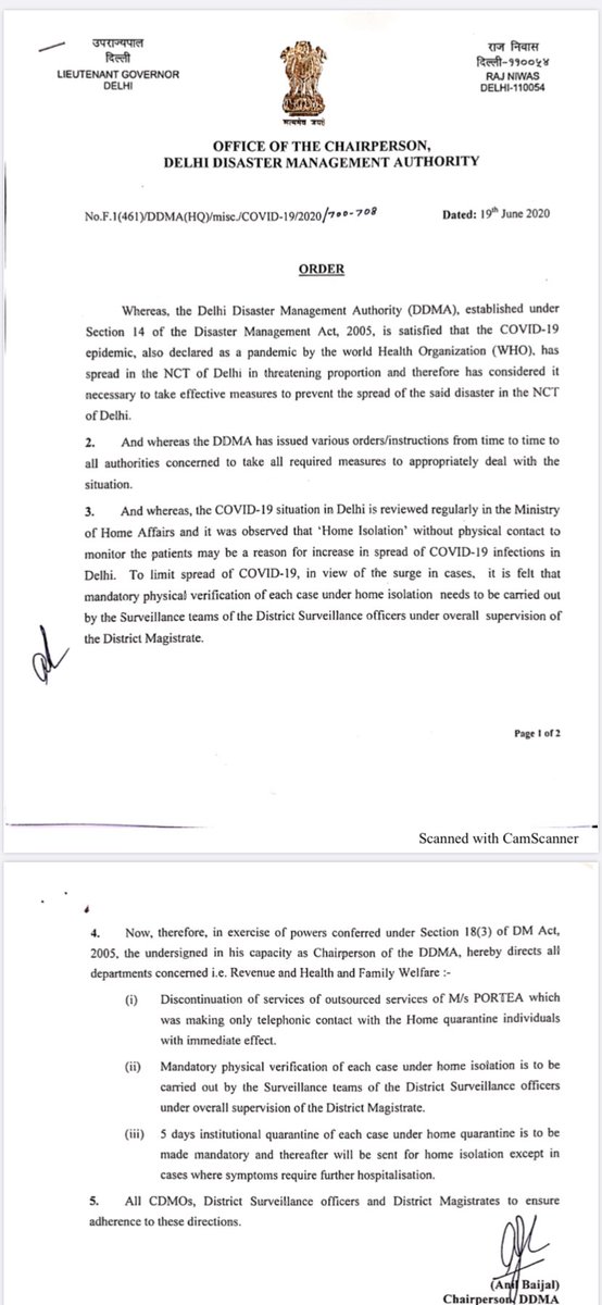 BREAKING: On MHA’s directions Delhi LG passes order stopping home quarantine (as reported few hours back)5 day mandatory institutional quarantine for those positive Patient Will be sent in home isolation only after 5 day reassessment if there are no symptoms (Continues/n)