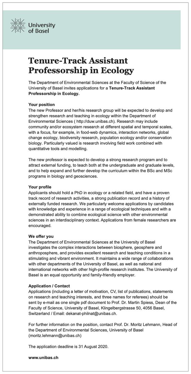 WSalzburger's tweet photo. Please RT: Tenure-track Assistant Professorship in Ecology at the University of Basel https://t.co/5lJTwMNRtH