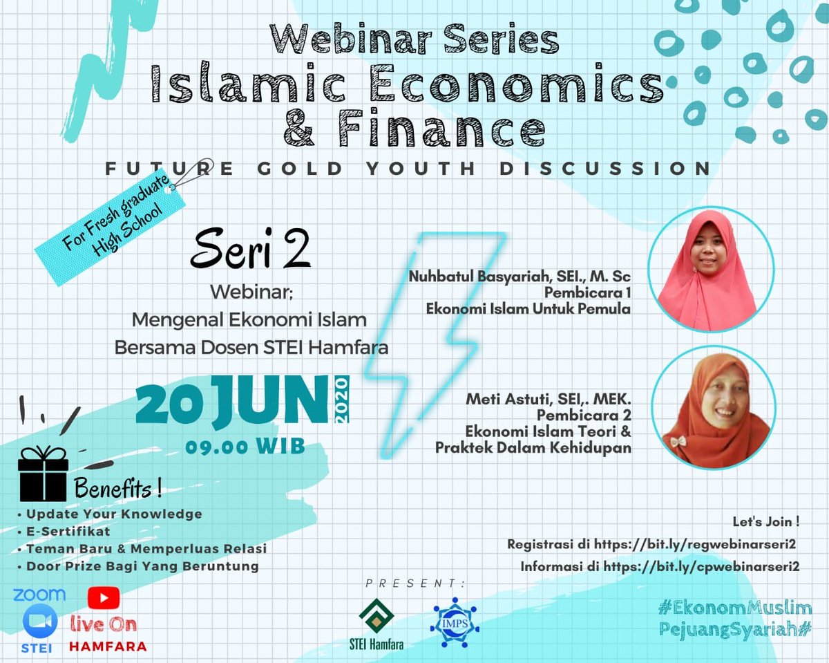 Assalammu'alaikum wr. wb. 
Bagi teman2 yg ingin belajar #PerbankanSyariah bisa ikuti seri 2 ini. 
Pendaftaran: bit.ly/regwebinarseri2 
Informasi: bit.ly/cpwebinarseri2
Free untuk umum. 
#EkonomMuslimPejuangSyariah
#BeDifferentYouth
#YesToIslamicFinance
#webinar #EkonomiIslam