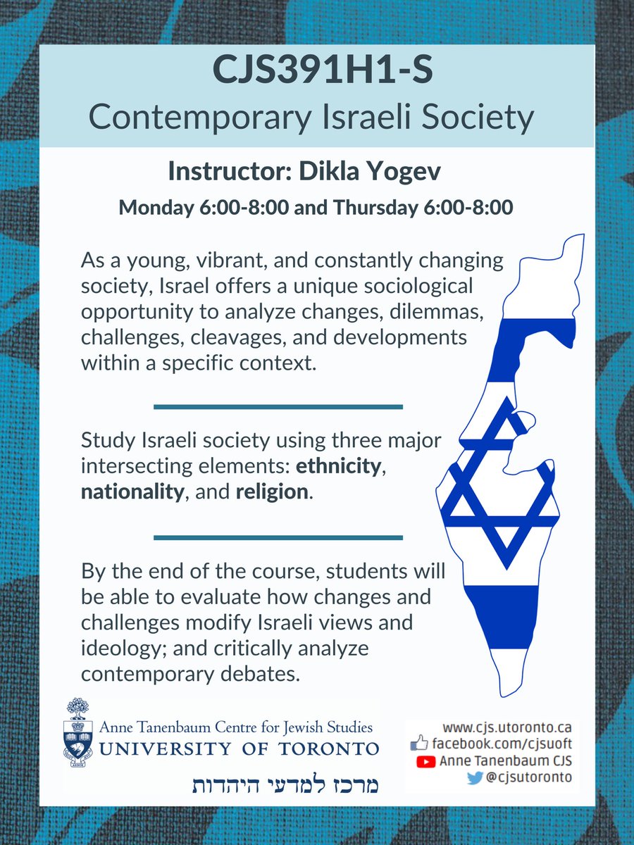 CJSUofT's tweet photo. We are excited to be offering two eye-opening courses for the second sub-session of the summer semester!
CJS391 Contemporary Israeli Society
CJS340 Mizrahim in Israel: History, Politics, and Culture
Both courses have spaces available! Enrol on ACORN now!
#JewishstudiesTO https://t.co/2vnnONm2jO