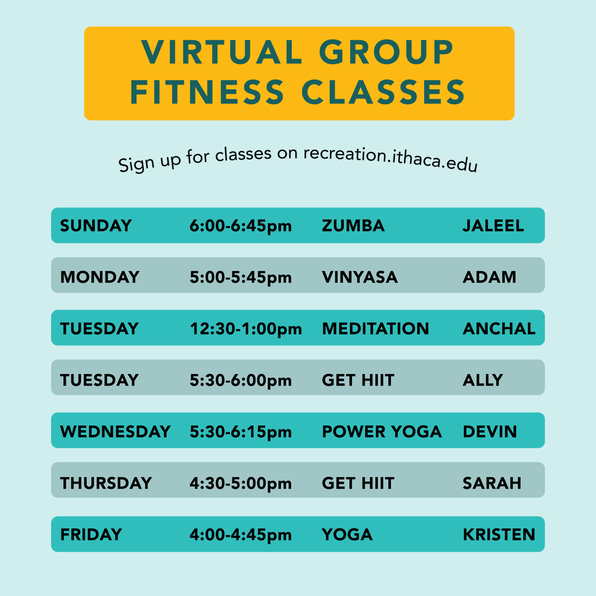ICCampusRec's tweet photo. Need something to do next week?
Check our virtual group fitness classes starting June 21! All classes will be taught over zoom, can't wait to see you all virtually!! https://t.co/BF4P7ewECd