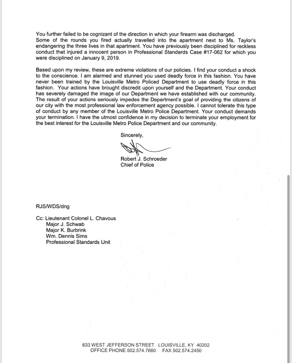 LMPD's tweet photo. Please see the attached letter served to Detective Hankison this morning. We will have no additional statements on this matter. https://t.co/XzAhEylEfk