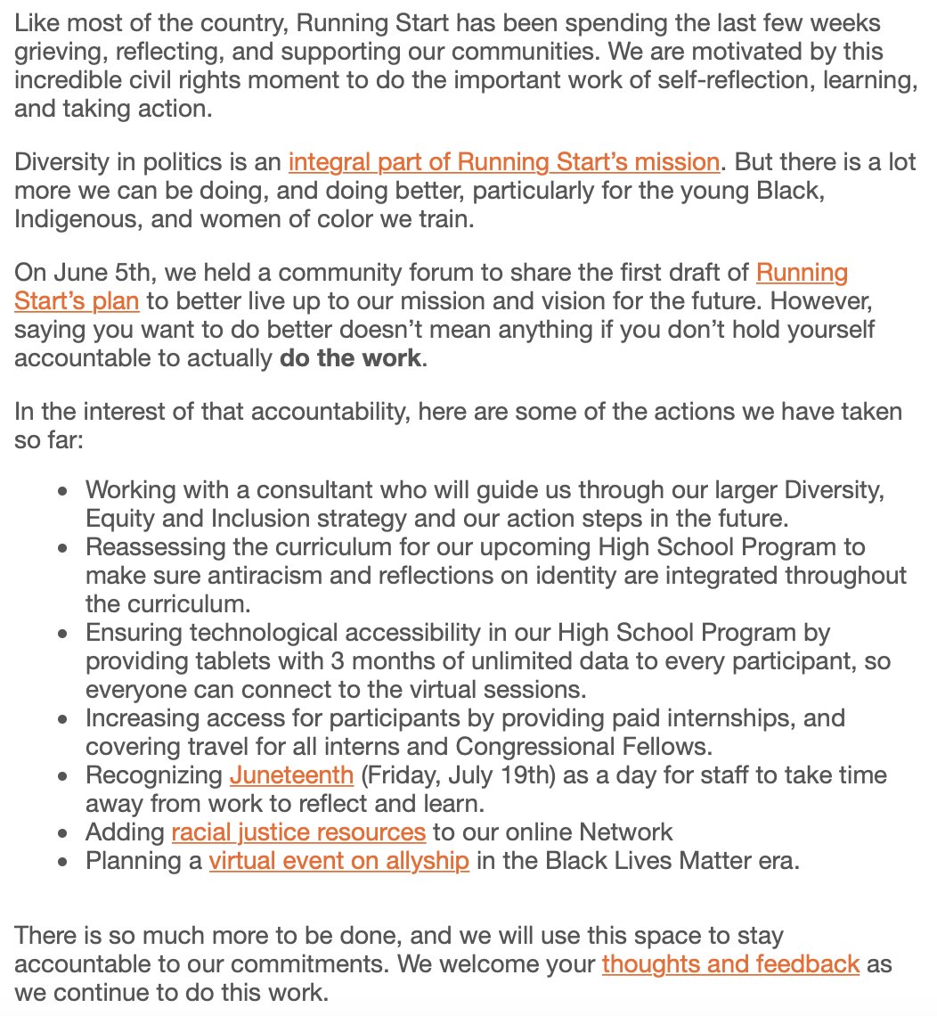 Read our note on what we've done to better live up to our mission and vision for the young Black, Indigenous and women of color we train. 

💡 Have thoughts and feedback? We're listening. Email us at network@runningstart.org.