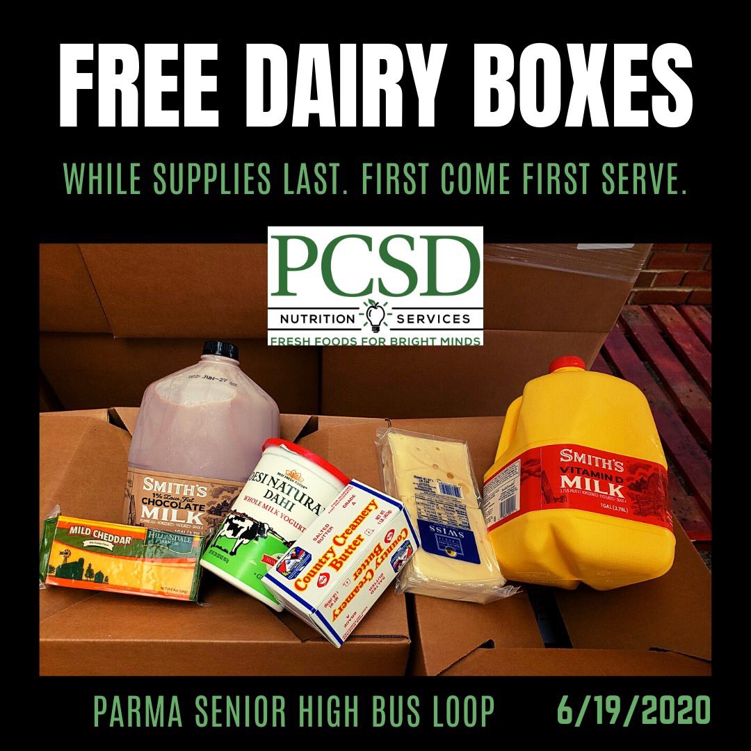 RUN, don't walk to the <a href="/PCSDparmasenior/">PCSD Parma Senior</a> bus loop off of Longwood Avenue for a FREE Dairy Box. We have 80 boxes that will be distributed on a first come, first serve basis until supplies last. 

Open RIGHT NOW (12:00 PM Friday, June 19, 2020). <a href="/ParmaSchools/">Parma City School District</a>