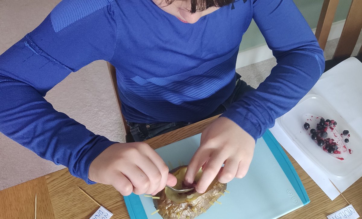 Rotmm's tweet photo. @Campion_School So we baked Jacket Potato's at home yesterday and there was one left over for Dad's dinner this evening. But then an interesting challenge in today's @CampionScience lesson meant Lucas decided to use it as the base for a model of bacteria 😢🤔😂 #ProudToBeCampion https://t.co/Jup33jmIth