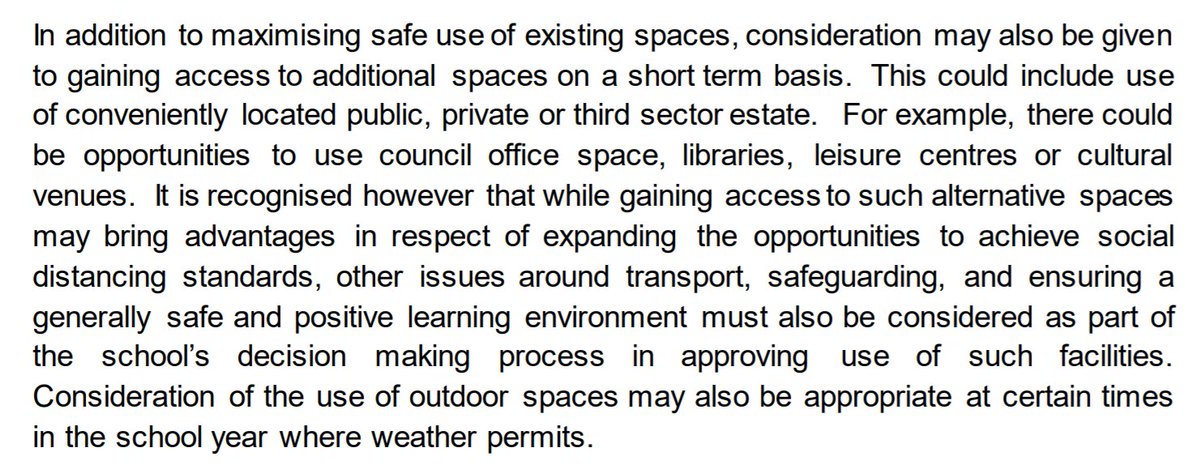12/ Additional spacesEven if such locations can be found, who is going to staff them? Will more funding from DE be available to bring in subs to do so? What about risk assessments and safe guarding in such locations?