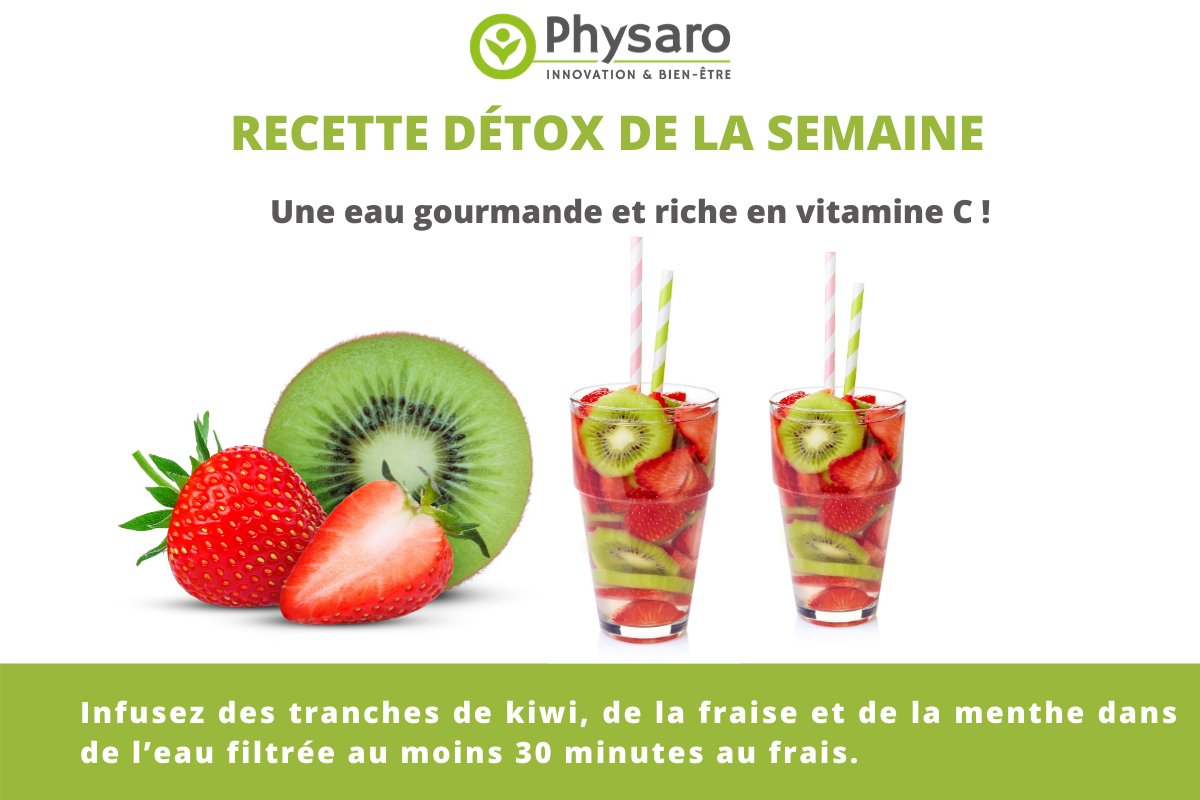 Recette détox de la semaine : 

Pour une eau gourmande et riche en vitamine C, infusez des tranches de kiwi🥝, de la fraise 🍓et de la menthe 🌿dans de l’eau filtrée au moins 30 minutes au frais🧊. A consommer sans retenue !   #Bienêtre #Physaro #Detox