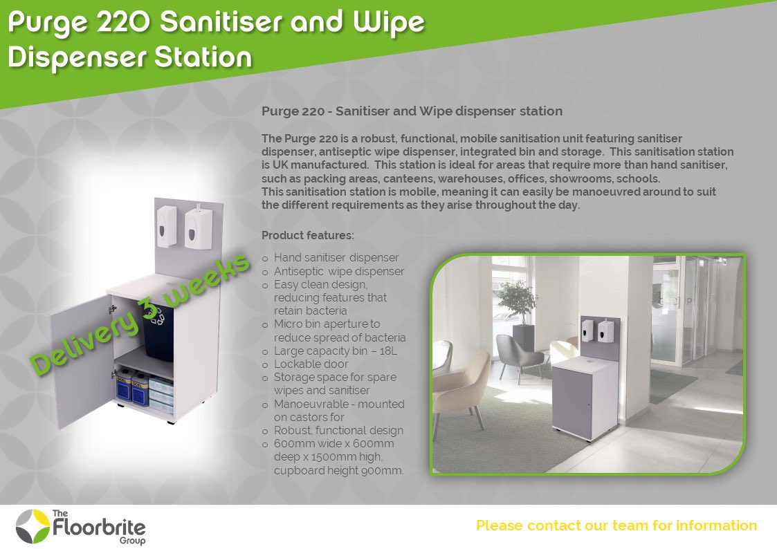 If you’re reopening your work premises we have lots of products incl #sanitiser dispensers and stations, #decontamination equipment and #zoono products, #workstationscreens #selfcleaningsurfaces and #airsanitisers. See link to full brochure 
floorbrite.co.uk/media/1644/202…