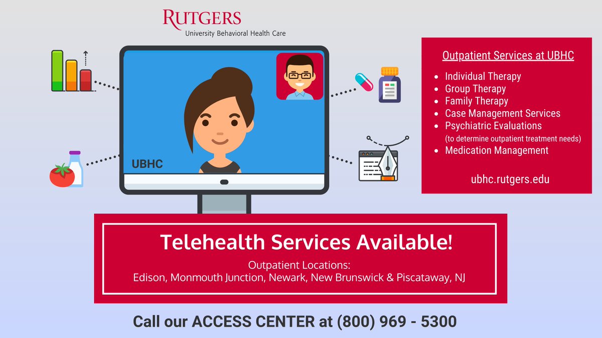 Rutgers_UBHC's tweet photo. #Telehealth
#UBHC
#AccessCenter
#OutpatientServices
#MentalHealth
#Rutgers

Call our Access Center at (800) 969 - 5300 to schedule an appointment for outpatient services at UBHC. https://t.co/WjD07oF7CM