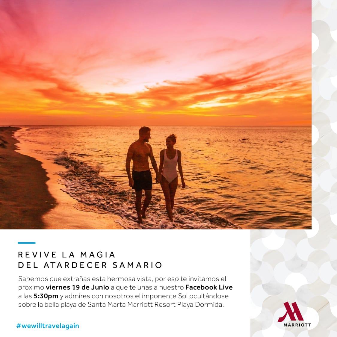 SiturMagdalena's tweet photo. #ReviveLaMagia| No te pierdas el #FacebookLive del Hotel Marriott Santa Marta Playa Dormida a las 5:30 p.m.
.
.
Observemos una maravillosa puesta del sol 🌅 #WeWillTravelAgain https://t.co/WqRT5fX62Q