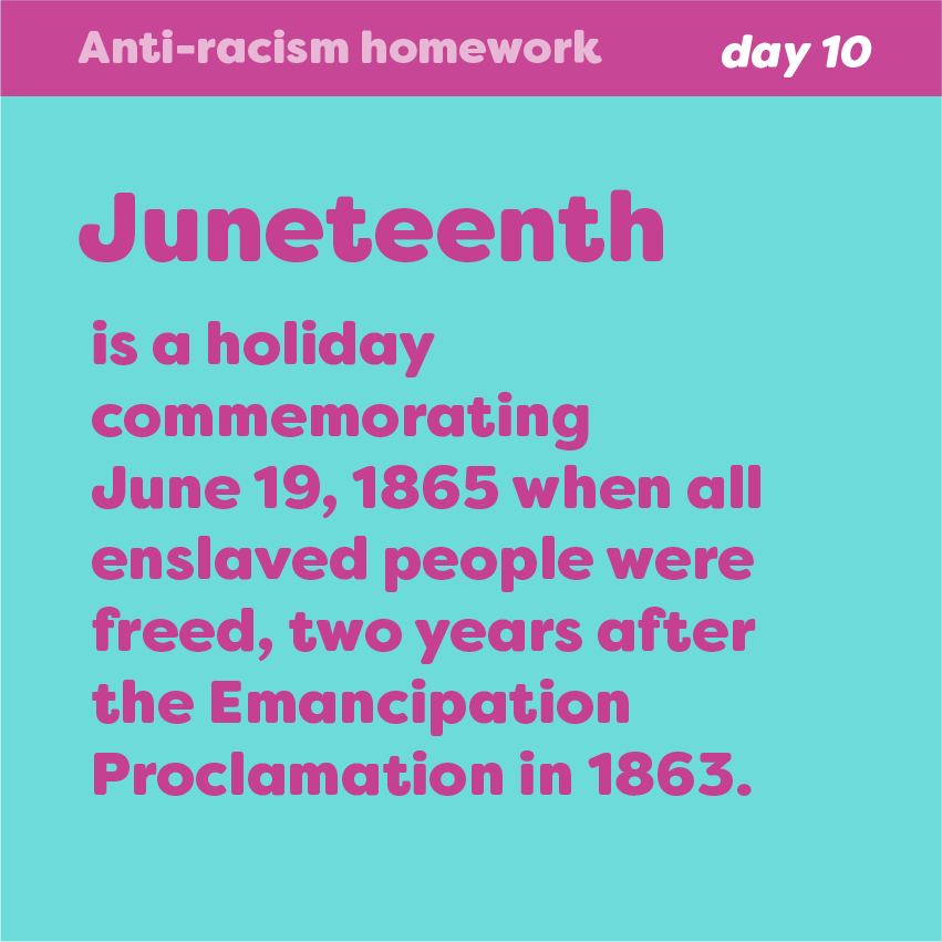 setucommunity's tweet photo. Today is Juneteenth, a holiday commemorating a significant day in America’s history – one that Black people have celebrated since the 1800s and few white people have paid attention to until this year. Your antiracism homework is to learn all about it.

https://t.co/AV4eUAMWQH https://t.co/fQpgs7FW88