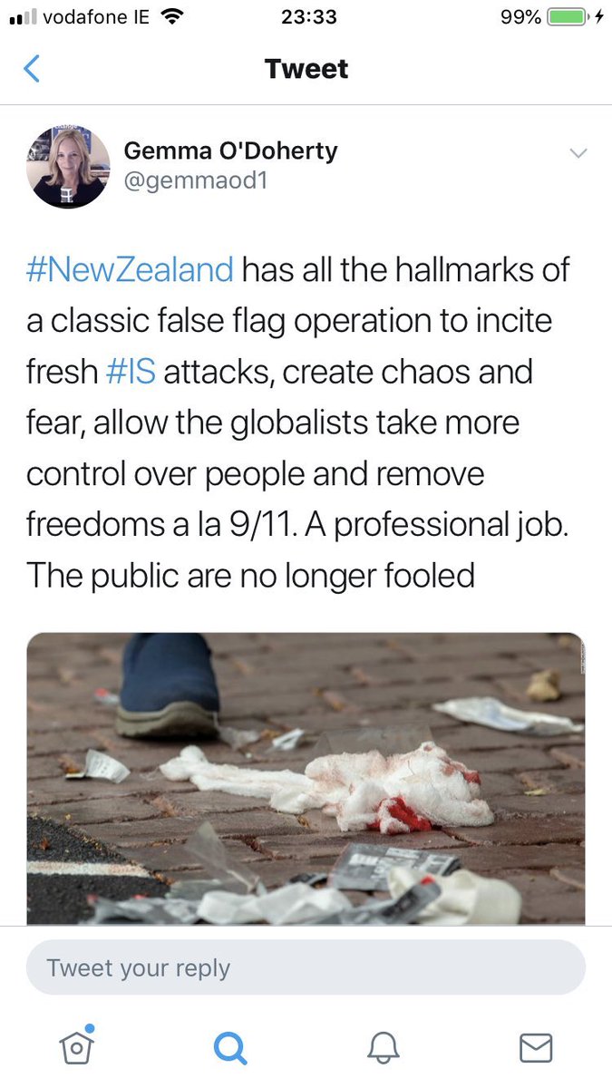 Here’s her views on the terrorist attack by a white Fascist who murdered 51 Muslims in New Zealand. A vicious act of terrorism is termed a ‘false flag’ by her. I believe these breach your T&CFalse Flags were a common trope of Nazism:  https://smithsonianmag.com/history/true-story-reichstag-fire-and-nazis-rise-power-180962240/