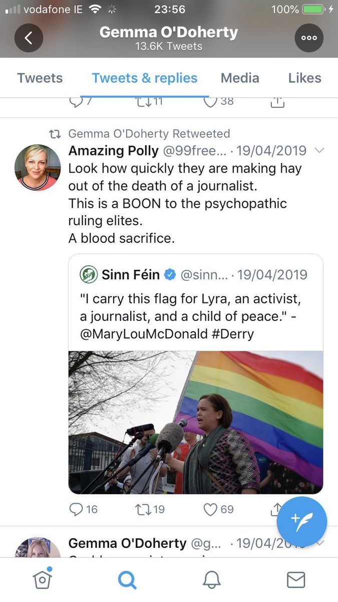 Then there’s the murder of Lesbian campaigner & journalist Lyra McKee. Her response is to share & generate conspiracies. This was deeply hurtful to the LGBTQI community across the island. You will note Twitter paraded through Dublin as part of Pride. Are you proud of this?