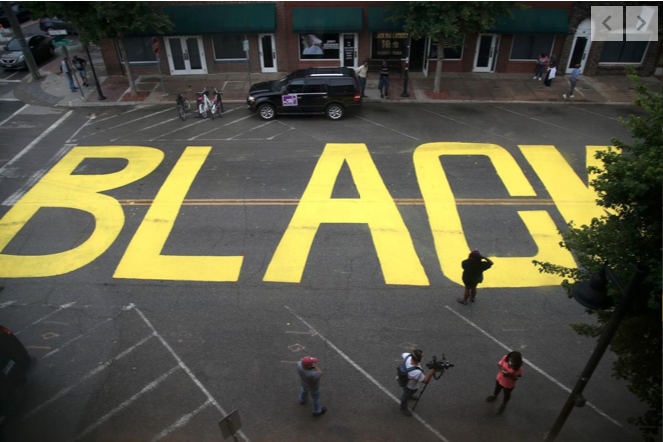 GingersnapDamo's tweet photo. 'Black Lives Matter' painted near the corner of Archer Street and Greenwood Avenue in the Greenwood District (aka Black Wall Street) of downtown Tulsa ahead of Trump rally tomorrow. #BlackLivesMatter #blmTulsa #TulsaRally #TulsaProtest #Juneteenth2020 #JuneteenthDay #Juneteenth https://t.co/IbFKStC9DG