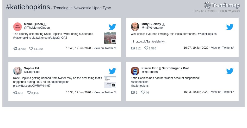 #katiehopkins is now trending in #NewcastleUponTyne

trendsmap.com/r/GB_NEW_ymrixm