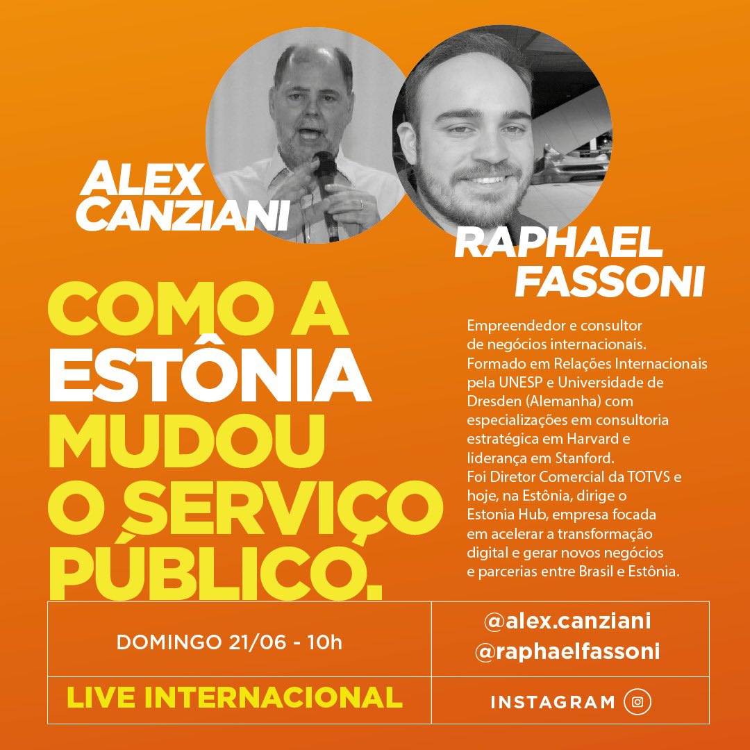 CanzianiAlex's tweet photo. Uma #LiveInternacional está marcada para este domingo, às 10 horas, com o Raphael Fassoni. Vamos conversar sobre a Mudança no Serviço Público da Estônia. A transmissão será via Instagram, alex.canziani. https://t.co/U2b3Df8D4G