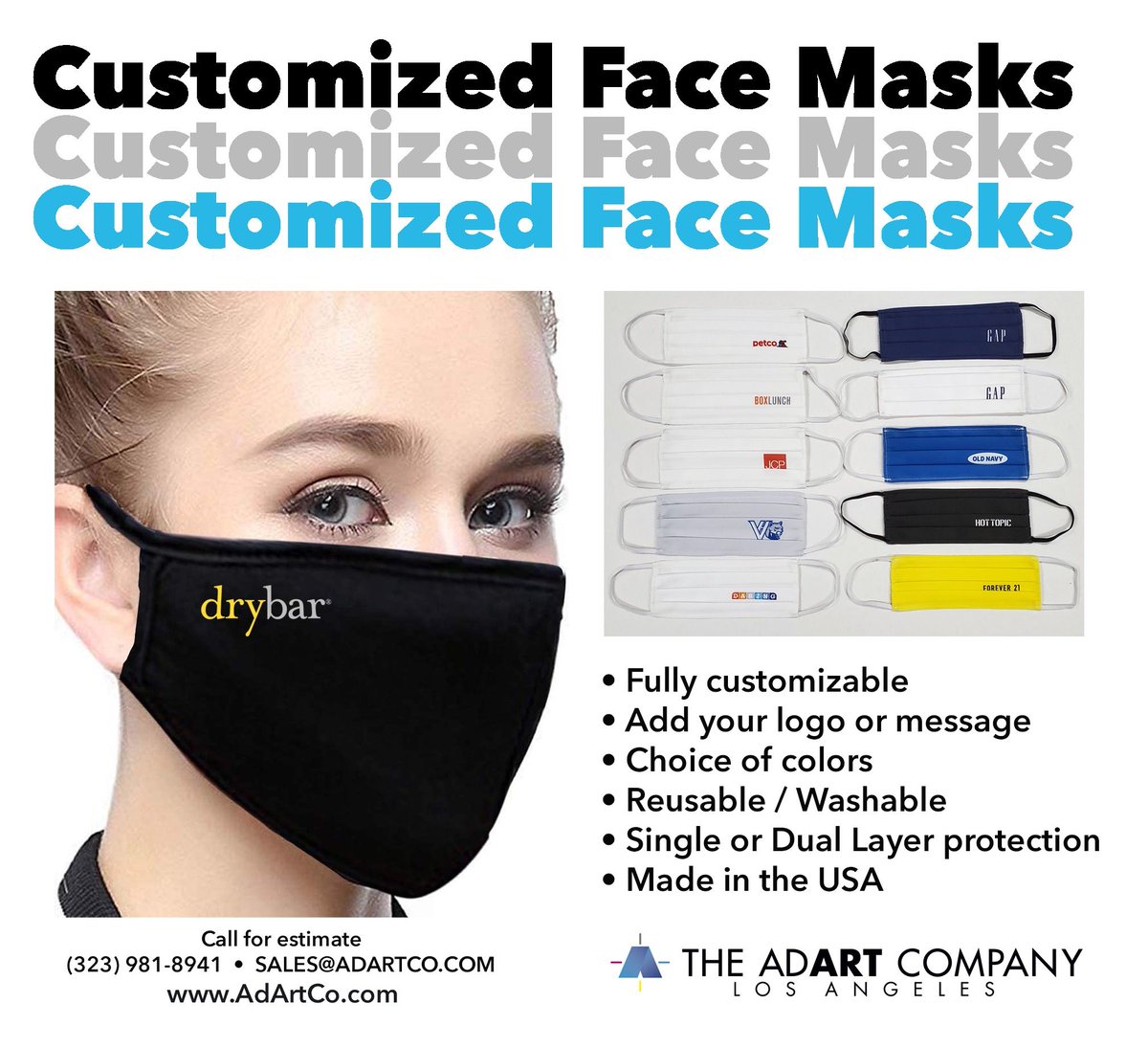 AdArtCo's tweet photo. In response to our clients' requests as businesses reopen, The AdArt Company has shifted some of our in-house production to fulfilling customized cloth face masks. These can be ordered in volume, with logos or other messaging. Contact your AdArt sales rep today! #covid19 #retail https://t.co/r0sTFUgL9v