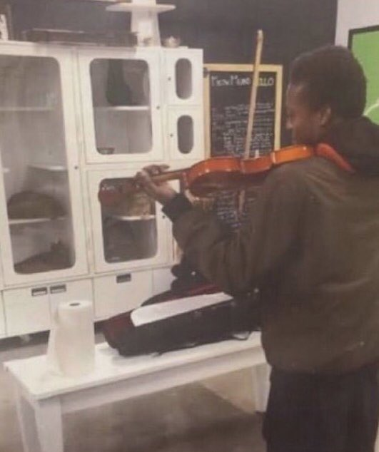 This was Elijah McClain. He wore masks due to his anemia and Colorado weather.Someone called 911 on him and the police held him down, beat him, and injected him with ketamine.He went into cardiac arrest and died.Elijah liked to play his violin for stray cats to calm them.