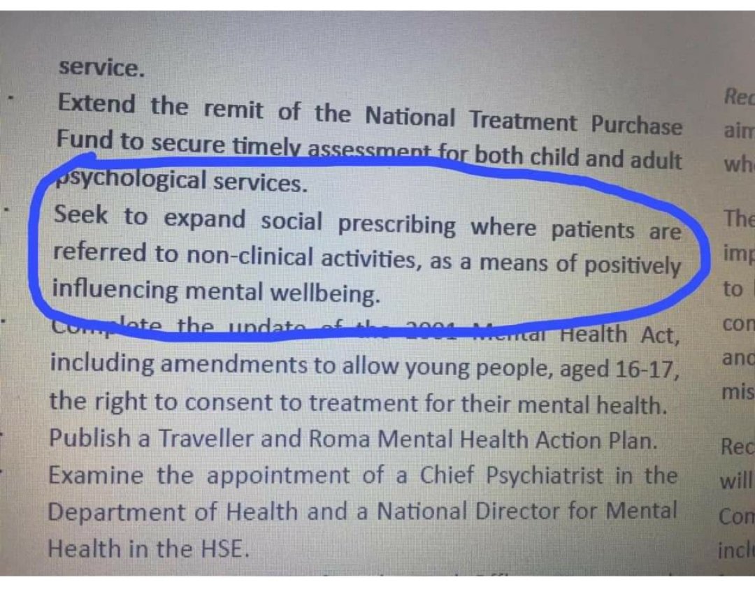 Super to see #SocialPrescribing included in the new #programmeforgovernment. @HOS_HandWB_CK <a href="/diamond_shauna/">Shauna Diamond</a> <a href="/FrcHealth/">National FRC Mental Health Promotion Project</a> <a href="/slaintecare/">Sláintecare</a> <a href="/roinnslainte/">Department of Health</a> <a href="/HealthyIreland/">HealthyIreland</a> #SupportingCommunities #LinkingIn #HereForYou #HWBCR