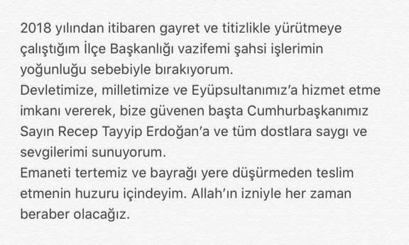 AdemKocyigit_'s tweet photo. Hizmet etmekten her zaman gurur duyduğum Eyüpsultan İlçe Başkanılığı vazifemi şahsi işlerimin yoğunluğu sebebiyle bırakıyorum.
Allah’a emanet olun, her zaman birlikteyiz. https://t.co/emlG21fVBK