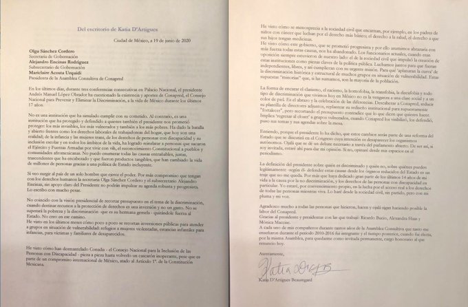 Carta de renuncia de Katia D’Artigues a la Asamblea de Conapred que se puede leer tal cual en la liga puesta en el tuit