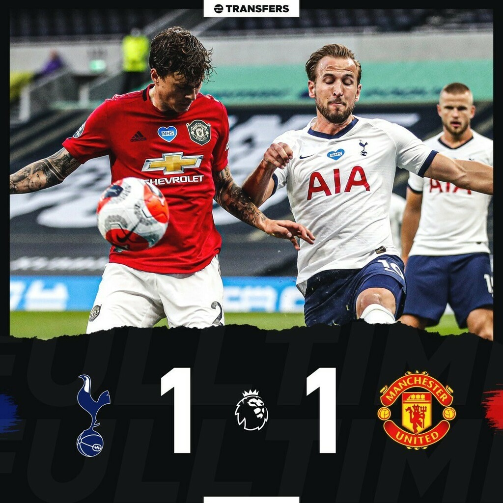 TransfersTV's tweet photo. FULL TIME | Tottenham and Man Utd each take a point as the match ends in a 1-1 draw 🤝 #Tottenham #ManchesterUnited https://t.co/xWyEUYVqFf https://t.co/9nfjmRU0nC