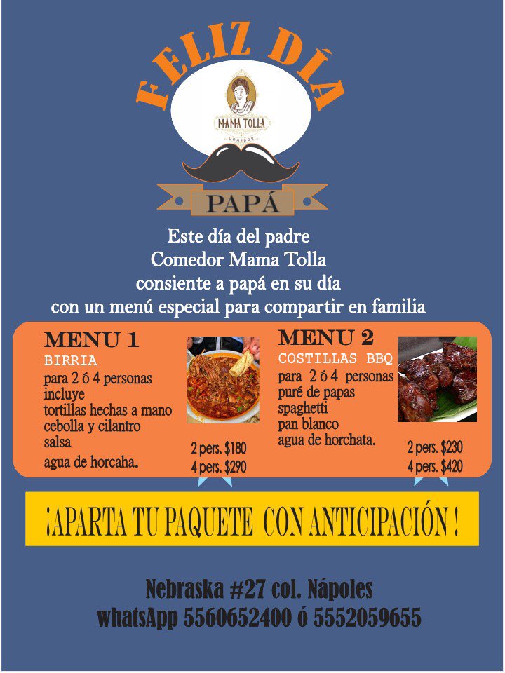 mama_tolla's tweet photo. Festeja a #papa con la cocina de @mama_tolla tenemos servicio to go o a domicilio en zona #napoles #delvalle #escandon y alrededores @colnapoles @ColNarvarte @ColDelValleBJ @coldelvallecdmx @ColoniaEscandon https://t.co/h6Cq73KvyG