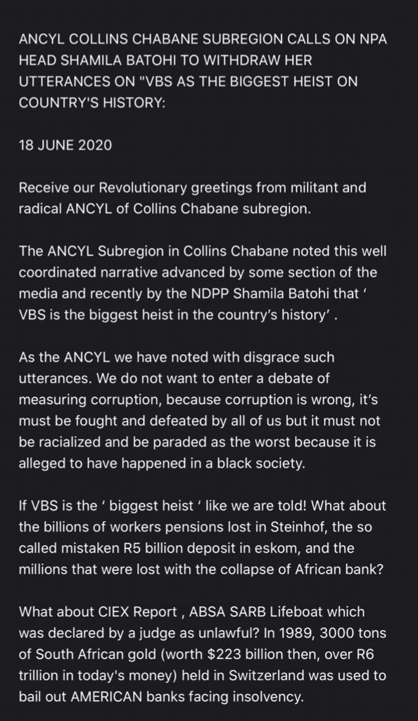 AdvoBarryRoux's tweet photo. ANCYL Collins Chabane Sub-Region is back &amp; this time they call NPA Head Shamila Batohi to withdrawn her utterances on VBS as the biggest heist on the country history. https://t.co/5tqEcQBF0T