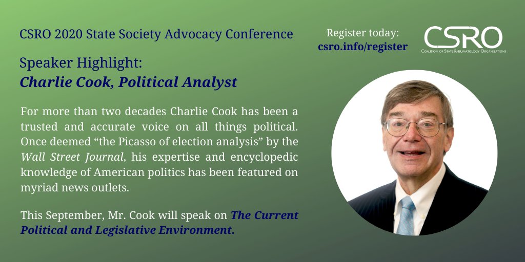 CSROAdvocacy's tweet photo. We are excited to host @CharlieCookDC at the 2020 #CSROSSAC this September! Register now to ensure you don't miss his insightful and informative session: https://t.co/9IBnLw0kaJ https://t.co/hQwqiAA65z